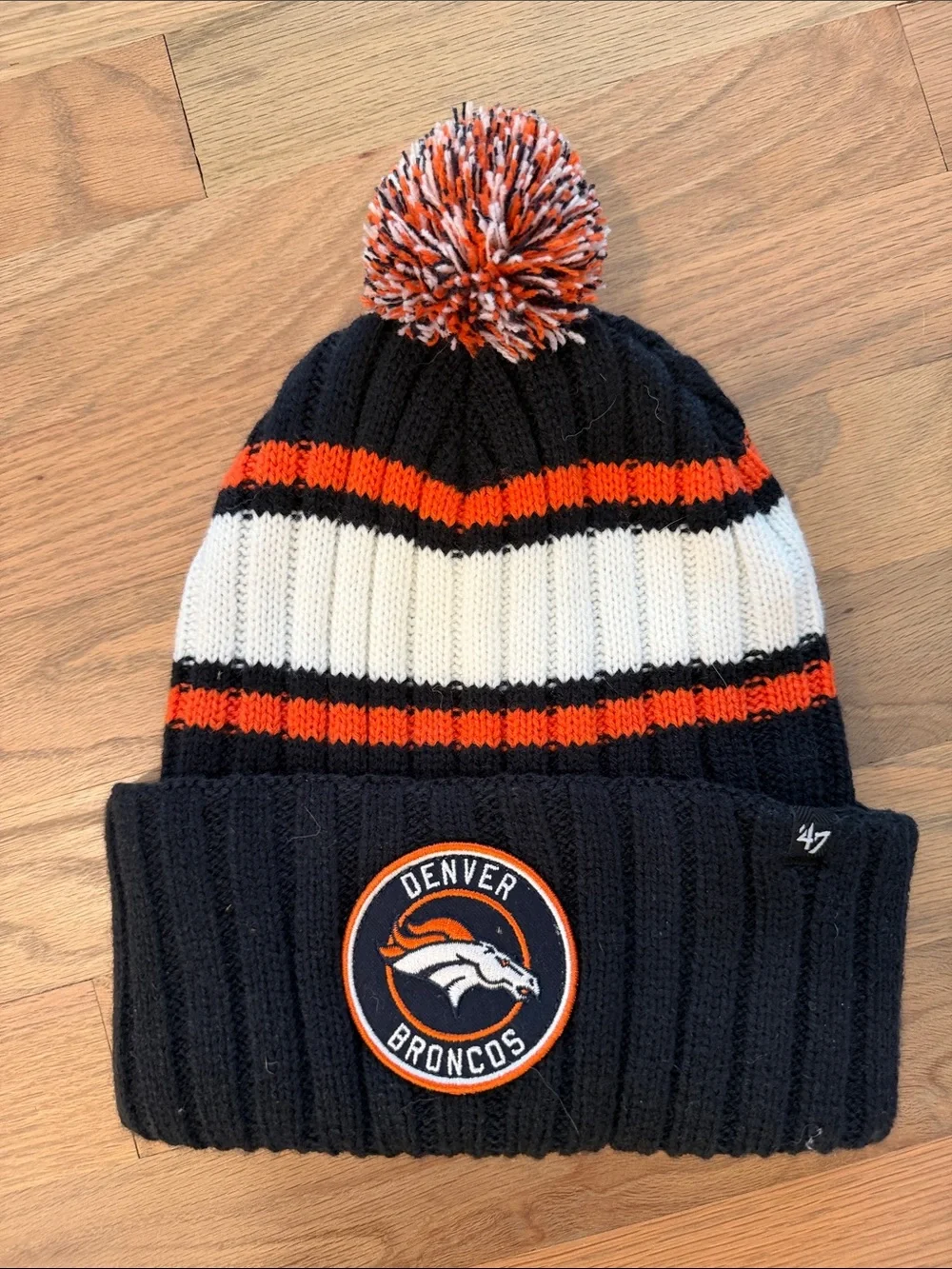 47 Denver Broncos Kids Pom Beanie - Navy/Orange/White